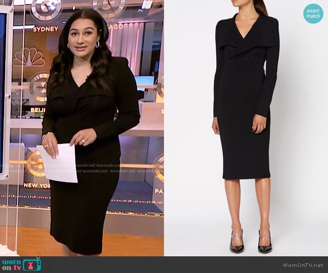 Scanlan Theodore Crepe Knit Drape Front Dress in Black worn by Morgan Radford on NBC News Daily