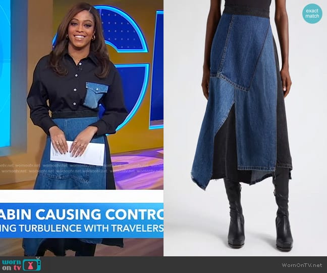 Sea Elena Baggy Denim Midi Skirt worn by Morgan Norwood on Good Morning America