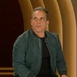 Sebastian Maniscalco’s green suede bomber jacket on Live with Kelly and Mark