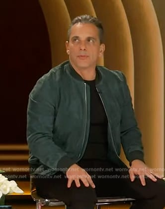 Sebastian Maniscalco's green suede bomber jacket on Live with Kelly and Mark