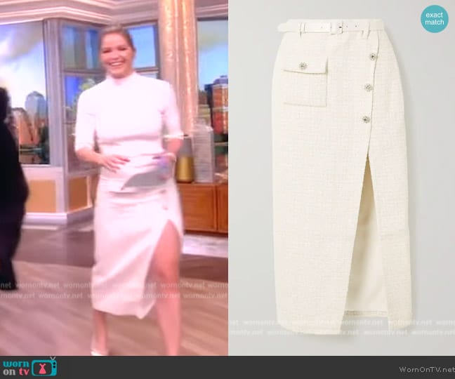 Self Potrait Belted satin-trimmed metallic bouclé-tweed midi skirt worn by Sara Haines on The View