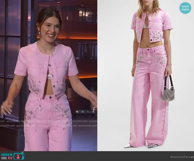 Self Portrait Rhinestone-Embellished Short-Sleeve Denim Crop Top worn by Millie Bobby Brown on The Kelly Clarkson Show