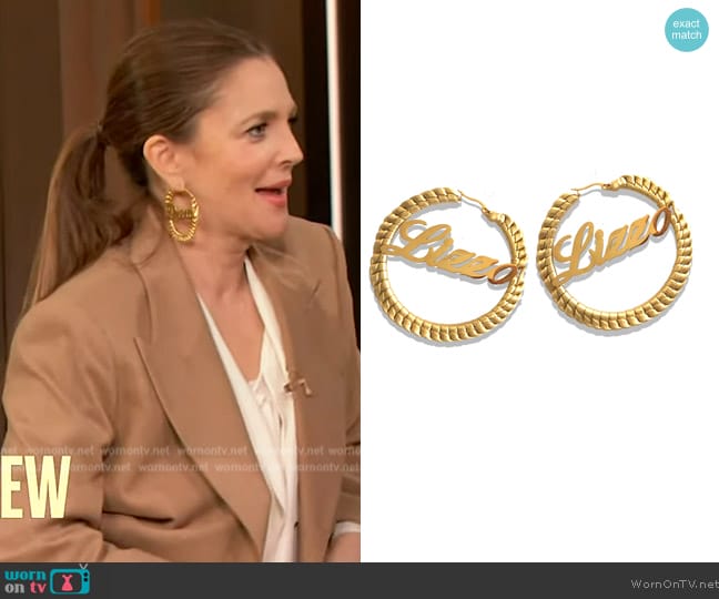 Seville Michelle Custom Hoop Earrings worn by Drew Barrymore on The Drew Barrymore Show