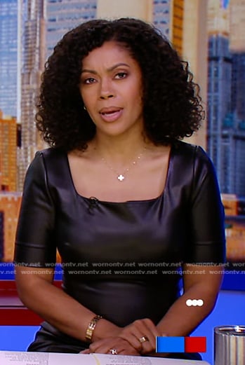 Shirleen Allicot's black square neck leather dress on Good Morning America