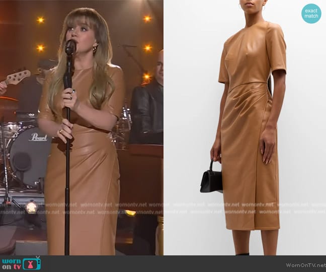 Shoshanna Marley Faux Leather Midi Dress worn by Kelly Clarkson on The Kelly Clarkson Show