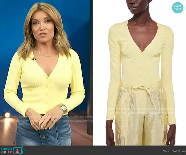 Simkhai Ailany Shrunken Cotton V Neck Cardigan Sweater worn by Kit Hoover on Access Hollywood