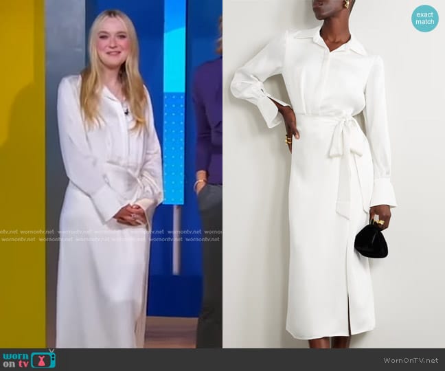 Simkhai Samba Wrap-Effect Satin Midi Shirt Dress worn by Dakota Fanning on Good Morning America