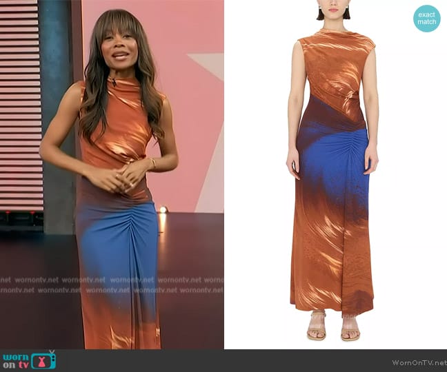 Simkhai Acacia Marble-Print Sleeveless Midi Dress worn by Zuri Hall on Access Hollywood