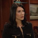 Steffy’s black zip front romper on The Bold and the Beautiful