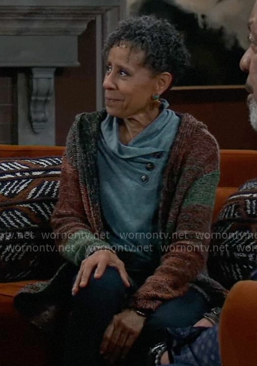 Stella's grey buttoned neck top on General Hospital