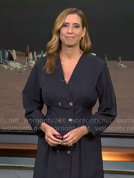 Stephanie Abrams' navy double-breasted dress on CBS Mornings