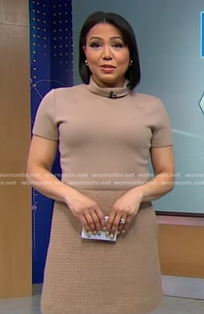 Stephanie’s beige mixed media dress on Good Morning America