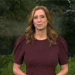 Stephanie Abrams’ burgundy puff sleeve dress on CBS Mornings