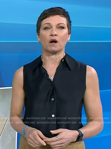 Stephanie’s black sleeveless satin shirt on Today