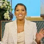 Tamron’s beige printed blazer and pants on Tamron Hall Show