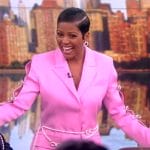 Tamron’s pink embellished bow blazer dress on The View