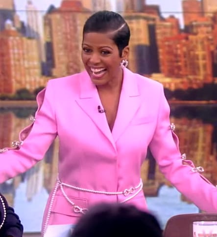 Tamron's pink embellished bow blazer dress on The View