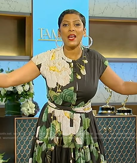 Tamron's black floral print dress on Tamron Hall Show