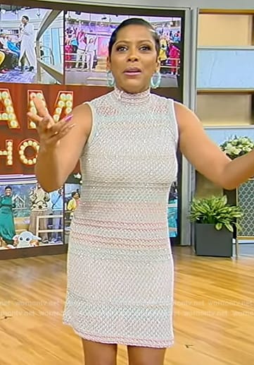 Tamron’s stripe knit sleeveless mini dress on Tamron Hall Show