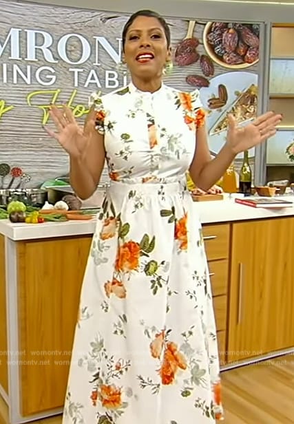 Tamron's white floral print sleeveless dress on Tamron Hall Show