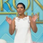 Tamron’s white lace trim mini dress on Tamron Hall Show