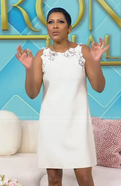 Tamron's white lace trim mini dress on Tamron Hall Show