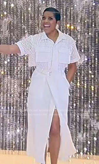 Tamron's white grid cutouts shirtdress on Tamron Hall Show