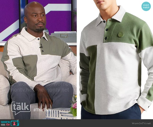 Ted Baker Wickam Cotton Textured Waffle Knit Color Blocked Long Sleeve Polo Shirt worn by Akbar Gbajabiamila on The Talk