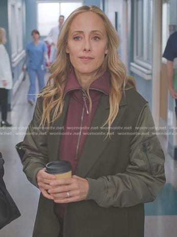 Teddy's half zip sweatshirt and green coat on Greys Anatomy