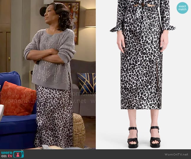 The Kooples Leopard Classic Midi Skirt worn by Tina Butler (Tichina Arnold) on The Neighborhood