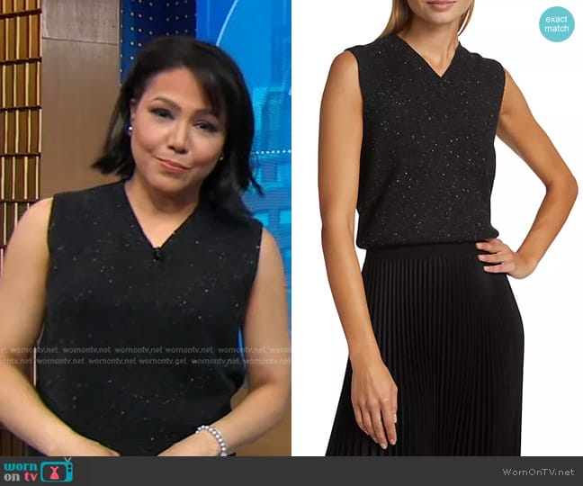 Theory Shrunken Wool-Blend Sweater Vest in Charcoal Multi worn by Stephanie Ramos on Good Morning America