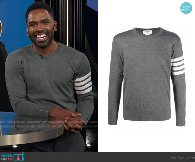 Thom Browne 4-Bar crew neck jumper worn by Justin Sylvester on E! News