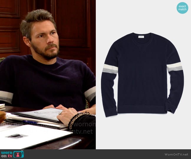 Todd Snyder Arm Stripe Cashmere Sweatshirt in Navy worn by Liam Spencer (Scott Clifton) on The Bold and the Beautiful