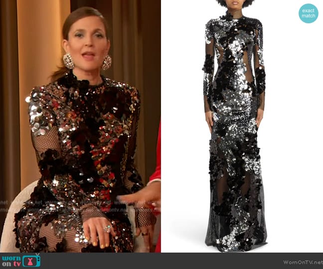 Tom Ford Long Sleeve Sequin & Mesh Gown worn by Drew Barrymore on The Drew Barrymore Show