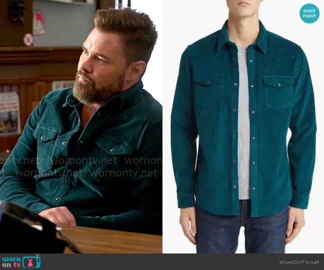 Treasure & Bond Cotton Corduroy Button-Up Western Shirt in Teal Deep worn by Adam Ruzek (Patrick John Flueger) on Chicago PD