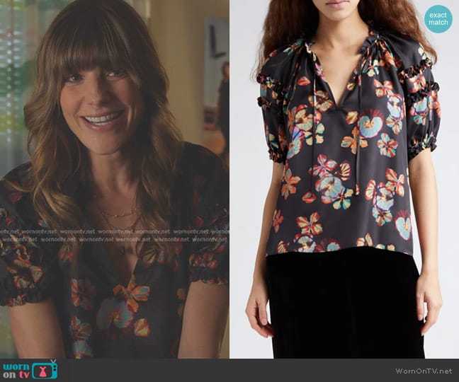 Ulla Johnson Annabelle Floral Print Puff Sleeve Silk Top worn by Shannon Diaz (Devin Kelley) on 9-1-1