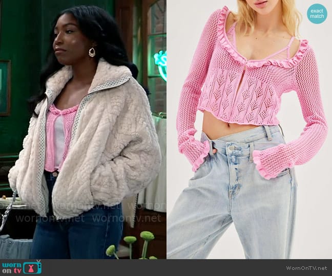 Urban Outfitters Lily Open-Knit Flyaway Cardigan worn by Trina Robinson (Tabyana Ali) on General Hospital