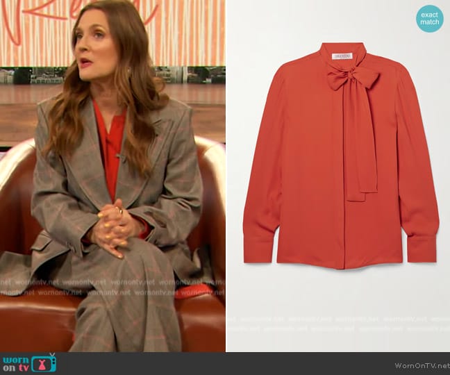 Valentino Pussy-bow silk-georgette shirt worn by Drew Barrymore on The Drew Barrymore Show