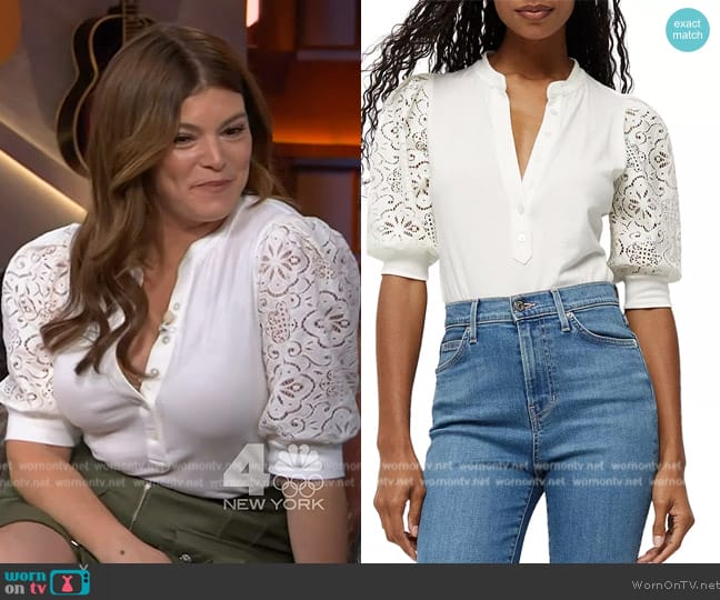 Veronica Beard Coralee Lace Sleeve Top worn by Gail Simmon on The Kelly Clarkson Show