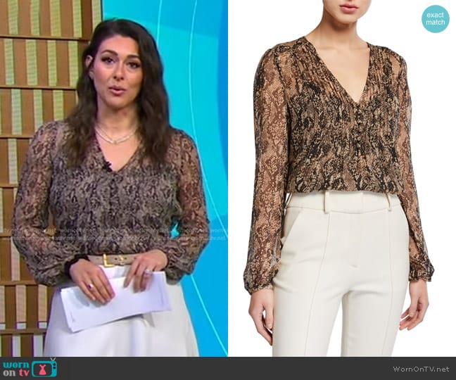 Veronica Beard Lowell Snake-Print Pintuck Blouse worn by Erielle Reshef on Good Morning America