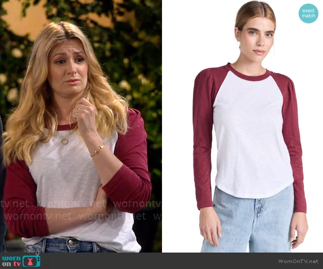 Veronica Beard Mason Baseball Tee in White / Raspberry worn by Gemma (Beth Behrs) on The Neighborhood