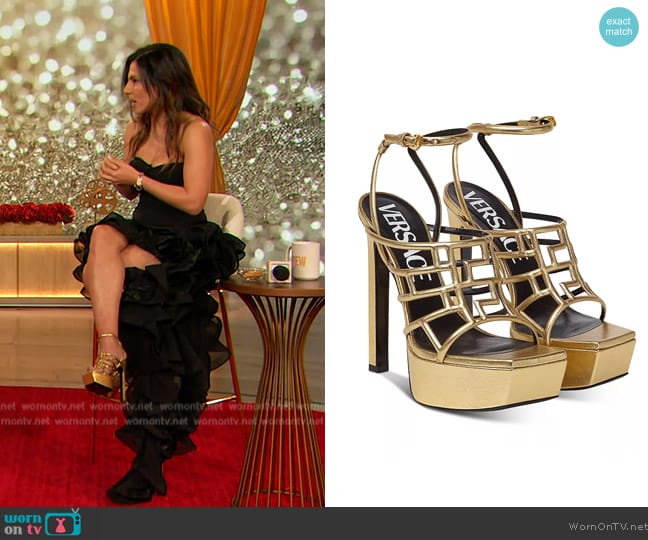 Versace Greca Maze Strappy Platform Sandals worn by Sanaa Kelley on The Drew Barrymore Show