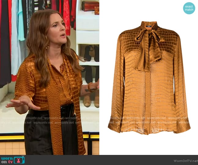 Versace Croc-effect scarf-tie shirt worn by Drew Barrymore on The Drew Barrymore Show