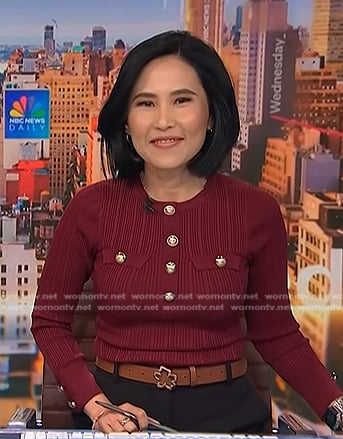 Vicky's red ribbed button detail top on NBC News Daily