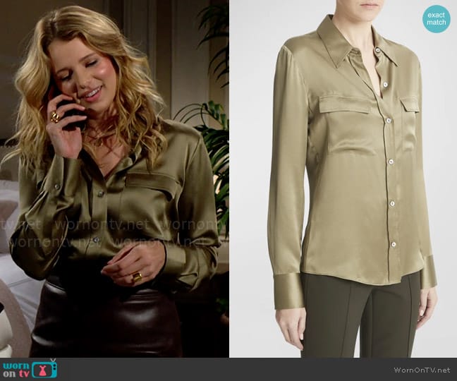 Vince Silk Chest-Pocket Long-Sleeve Blouse in Artichoke worn by Summer Newman (Allison Lanier) on The Young and the Restless