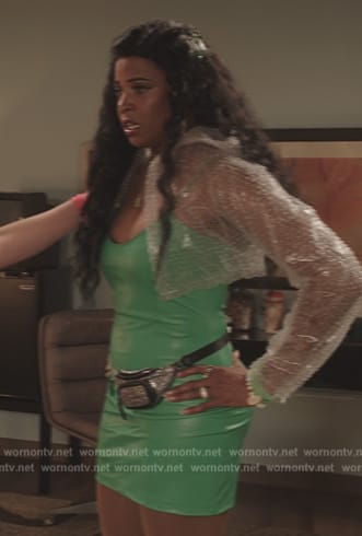 Wickie’s green leather mini dress on Girls5eva