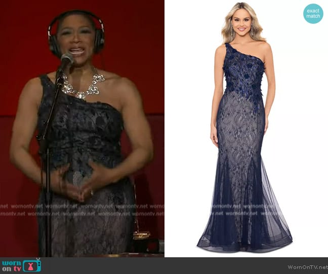 Xscape Lace Mesh One-Shoulder Gown worn by Deja Vu on Live with Kelly and Mark