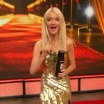 Zanna Roberts’ gold metallic strapless dress on The Drew Barrymore Show