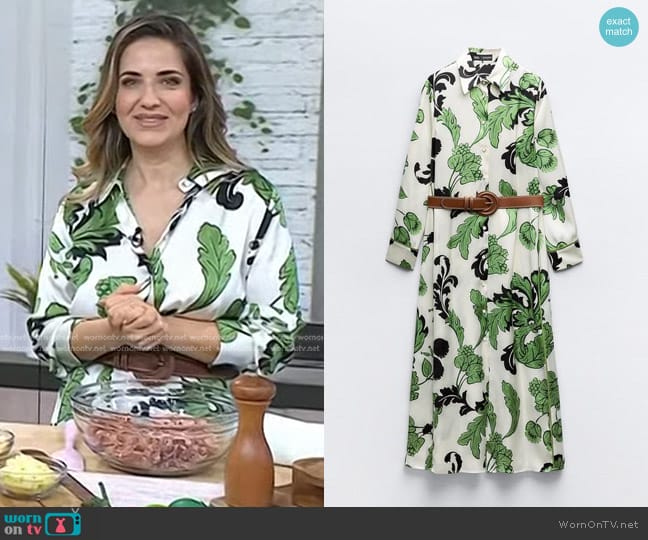 Zara Belted Printed Shirt Dress in Ecru/Green worn by Laura Vitale on Today