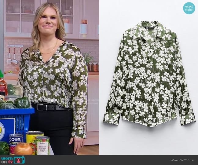 Zara Floral Print Shirt in Green/Ecru worn by Jenn Lueke on Good Morning America